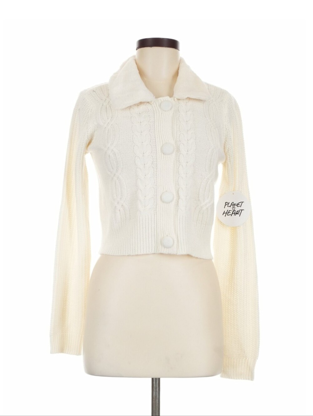 Planet Heart Cream Cropped Knit Cardigan Removable Faux Fur Collar Size M